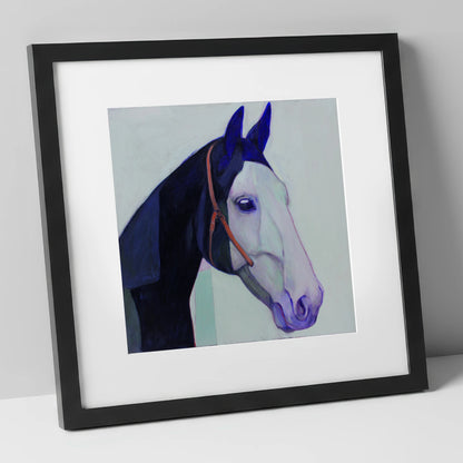 Indigo and Ice horse portrait art print in black frame