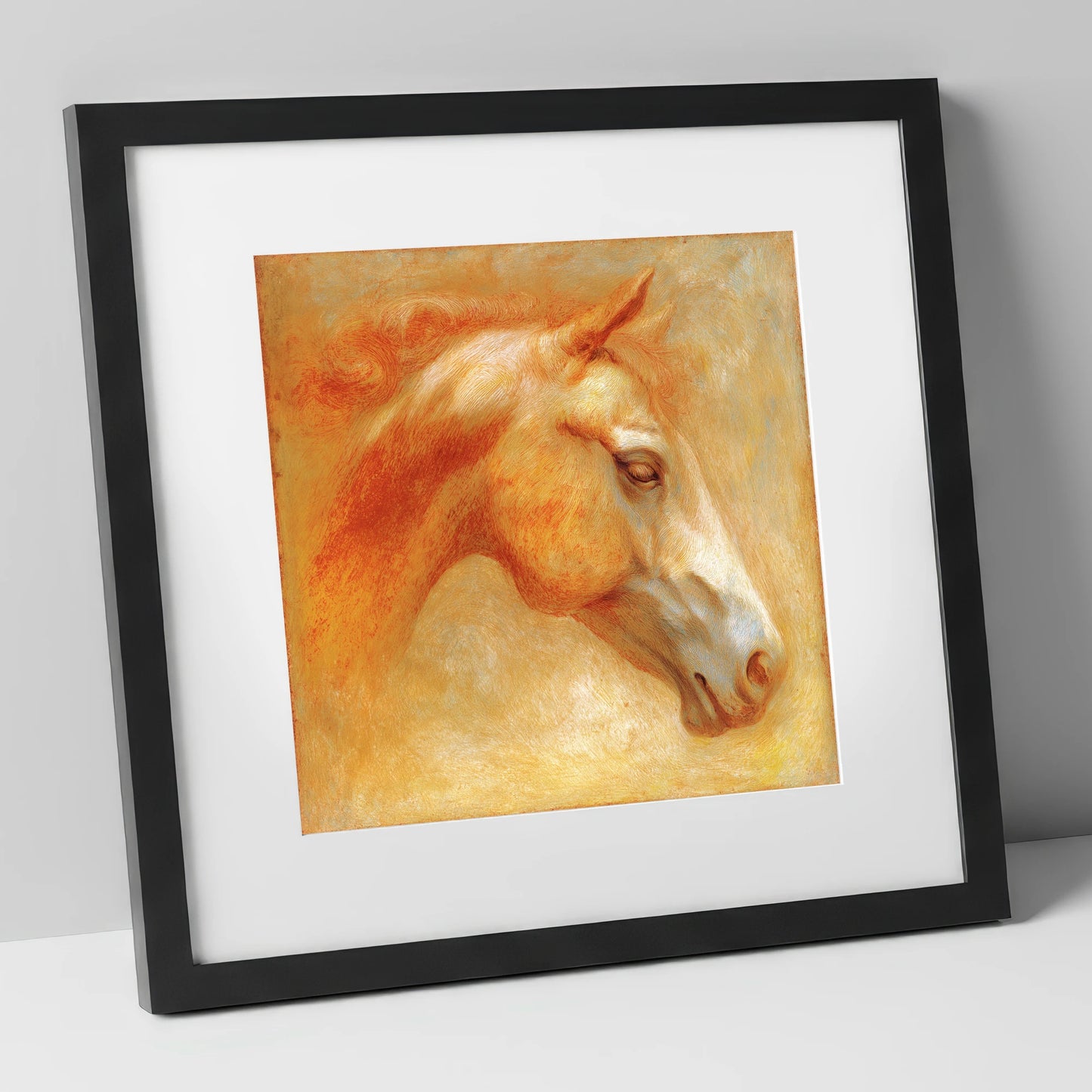 Ethereal Golden Profile racing horse art print in black frame