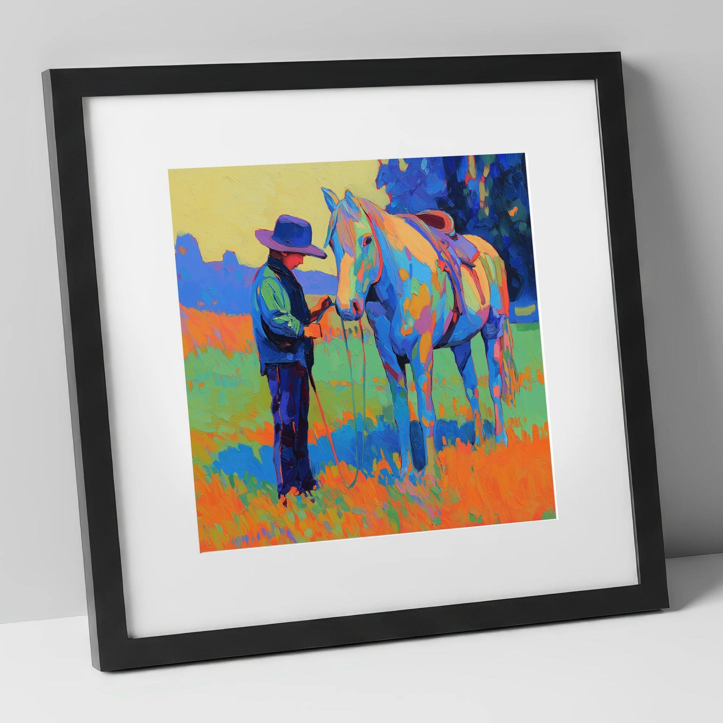 Cobalt Connection horse & rider art print in black frame