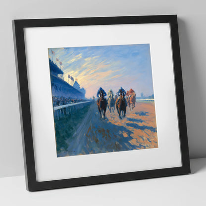 Thundering Towards Home racing horse art print in black frame