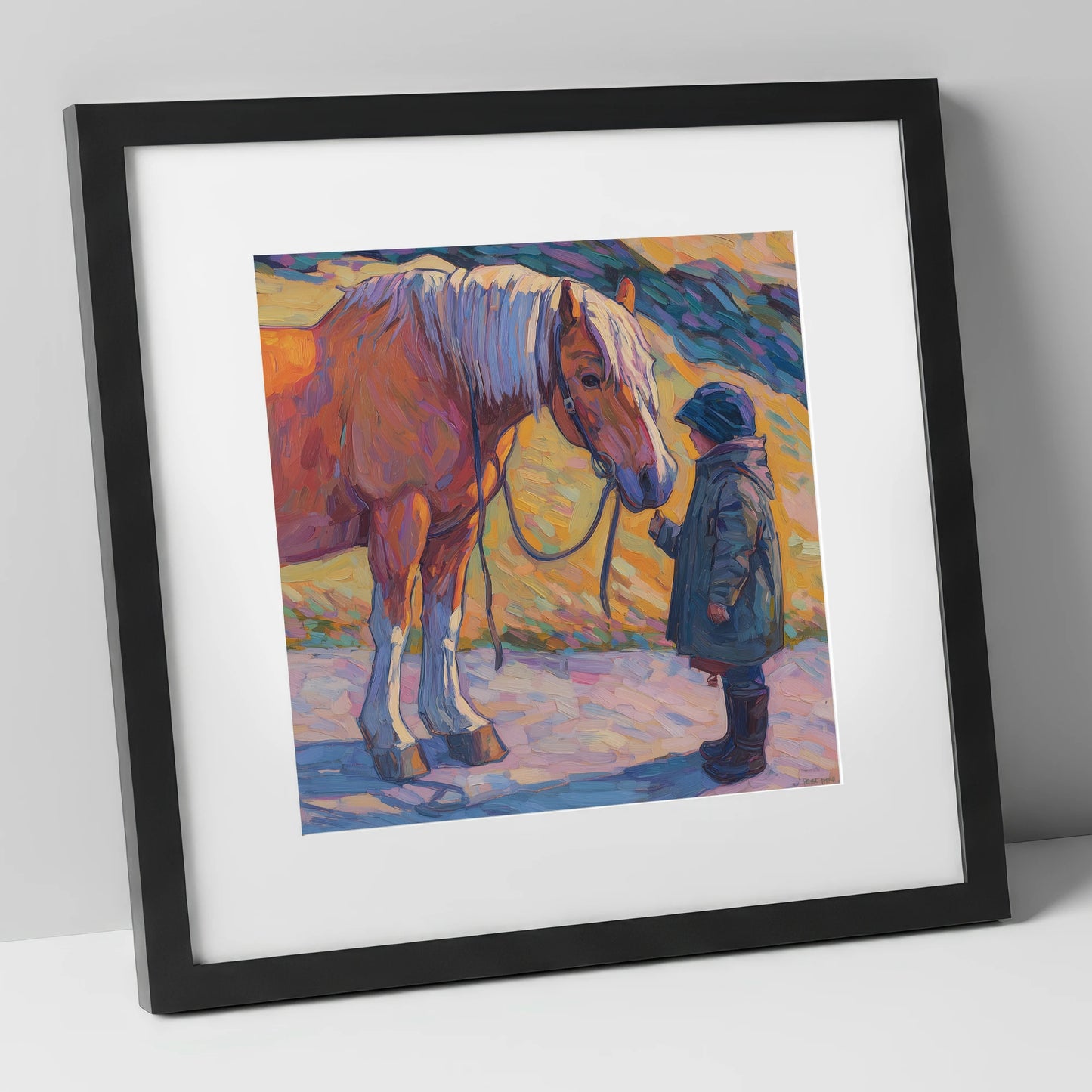 A Gentle Exchange horse & rider art print in black frame