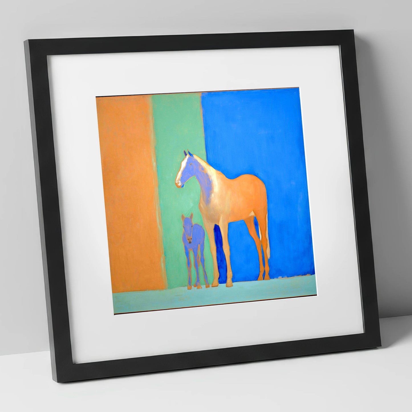 Cobalt and Sand mare & foal art print in black frame