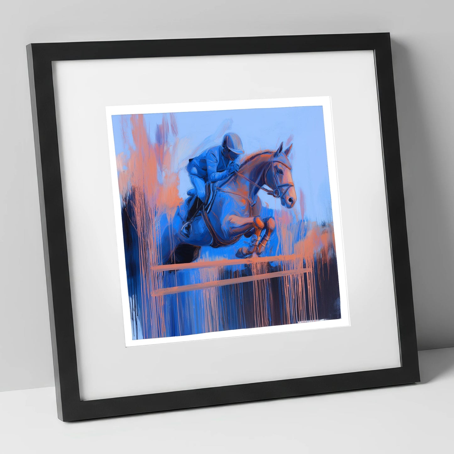 Momentum in Blue and Peach show jumping horse art print in black frame