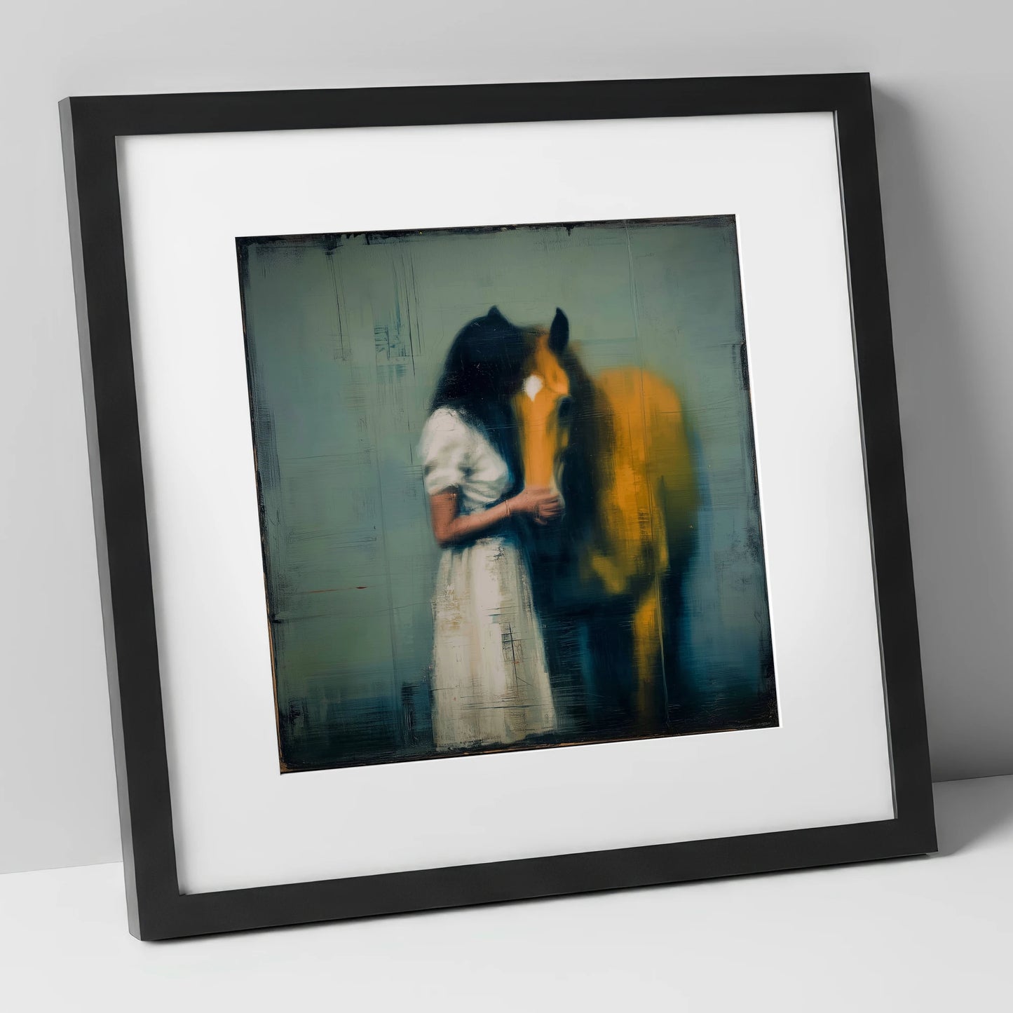 Silent Devotion horse & rider art print in black frame