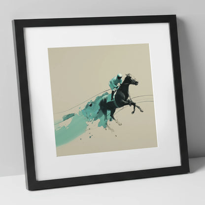 Velocity In Teal racing horse art print in black frame