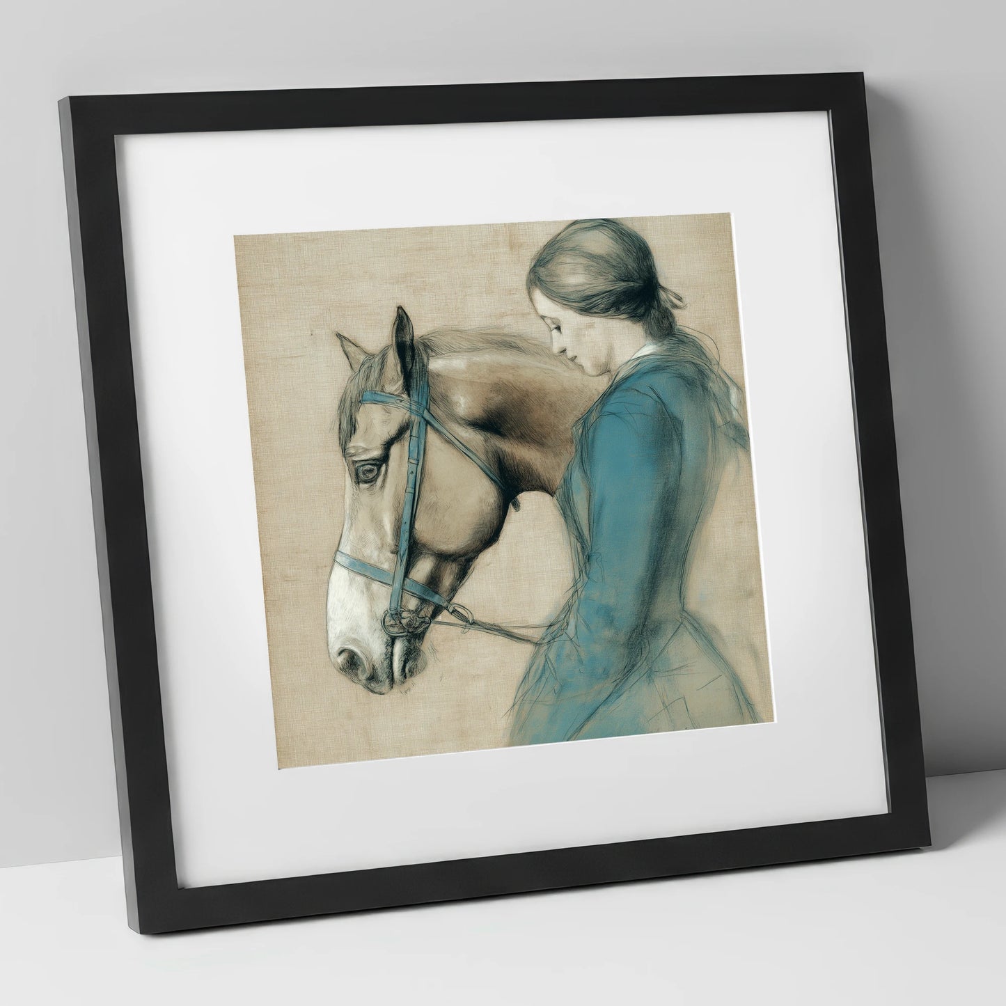 The Silent Bond horse & rider art print in black frame
