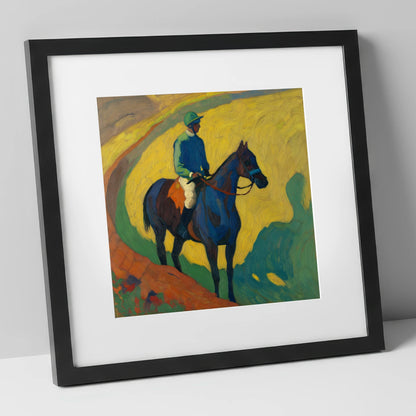 The Blue Thoroughbred racing horse art print in black frame