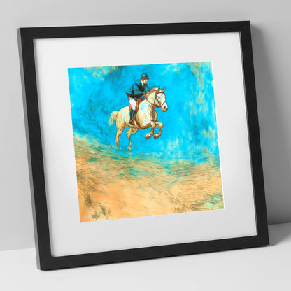 Flight in Cerulean show jumping horse art print in black frame