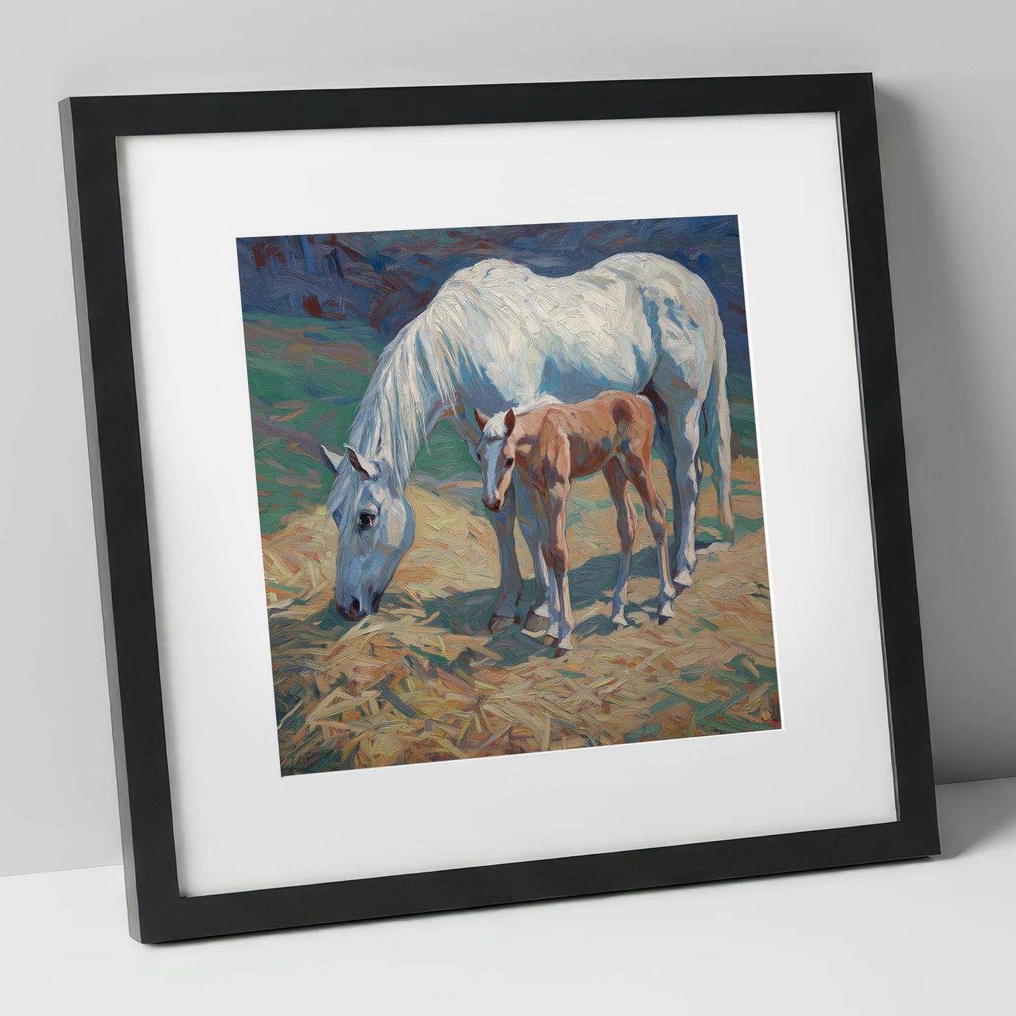 Sunlit Grey and Foal mare & foal art print in black frame