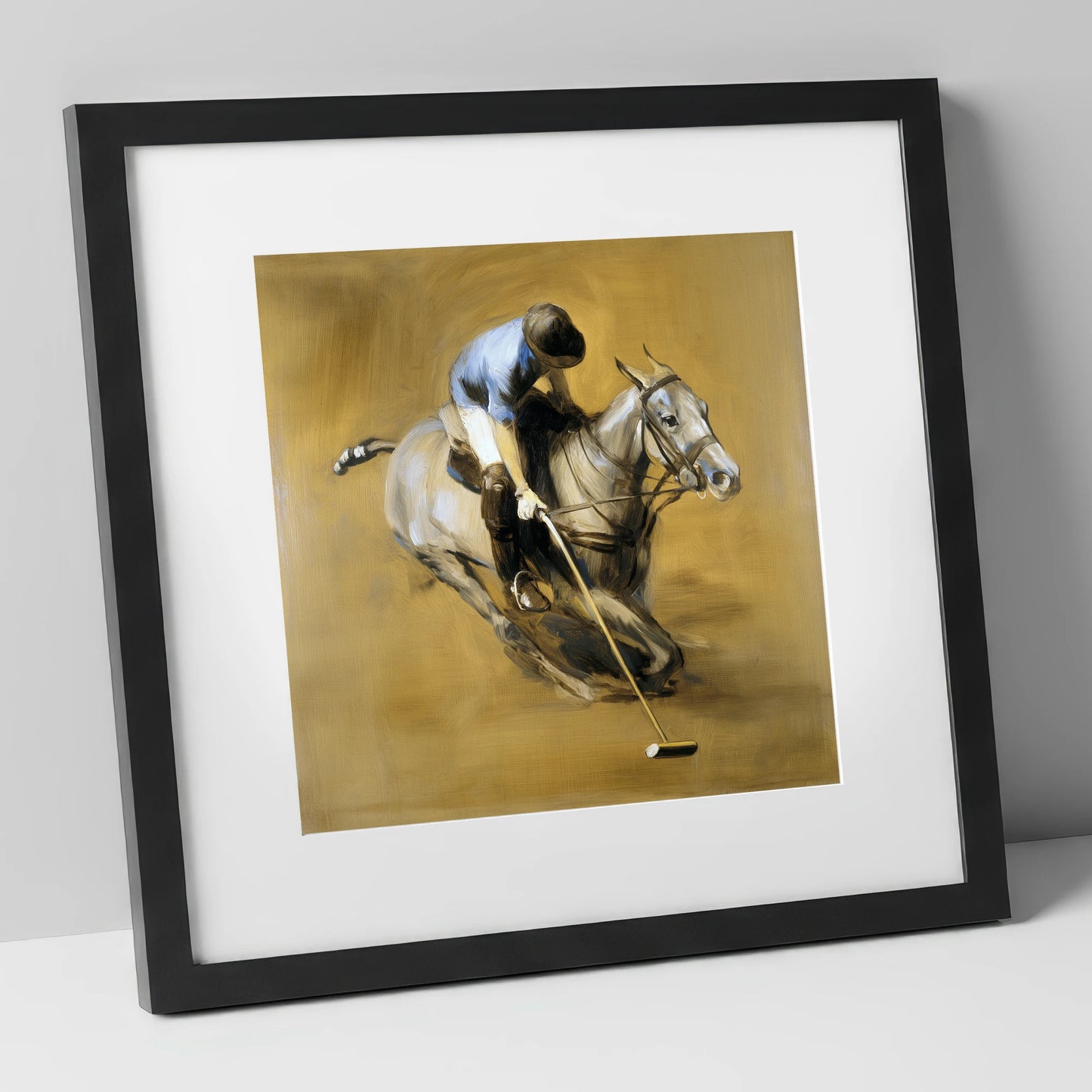 The Decisive Swing polo horse art print in black frame