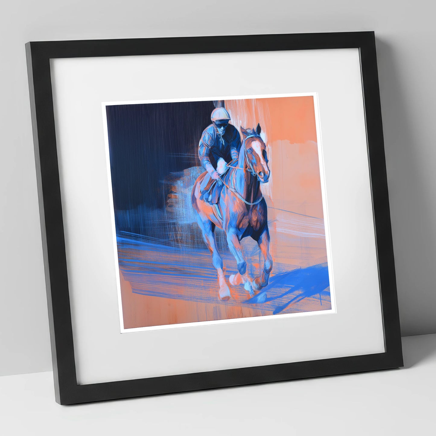 Shadows on the Track racing horse art print in black frame