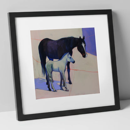 Indigo Shadows mare & foal art print in black frame