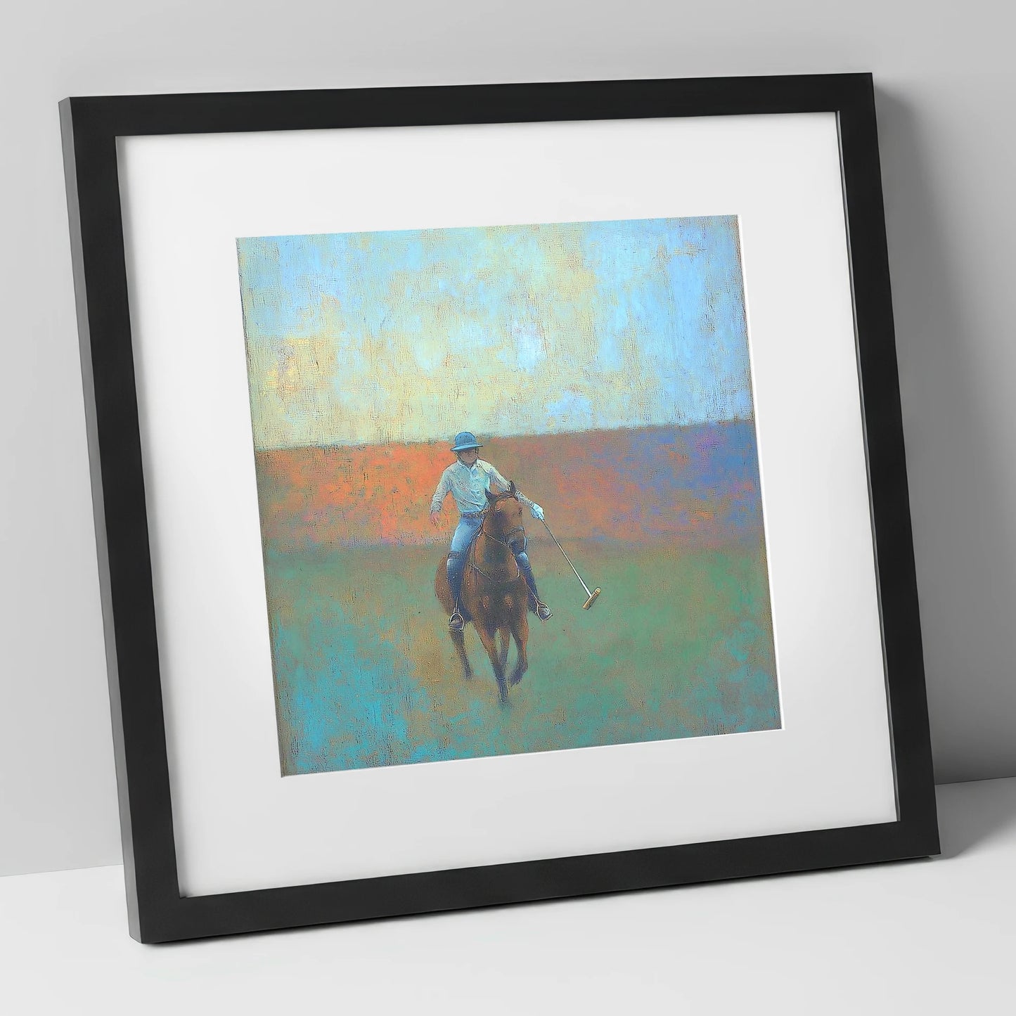 The Midfield Approach polo horse art print in black frame