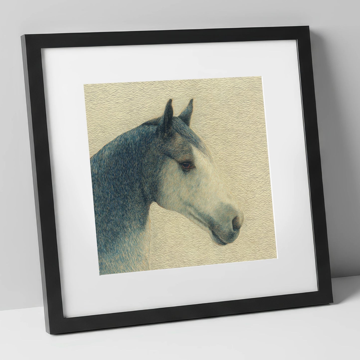 Serene Slate Profile horse portrait art print in black frame