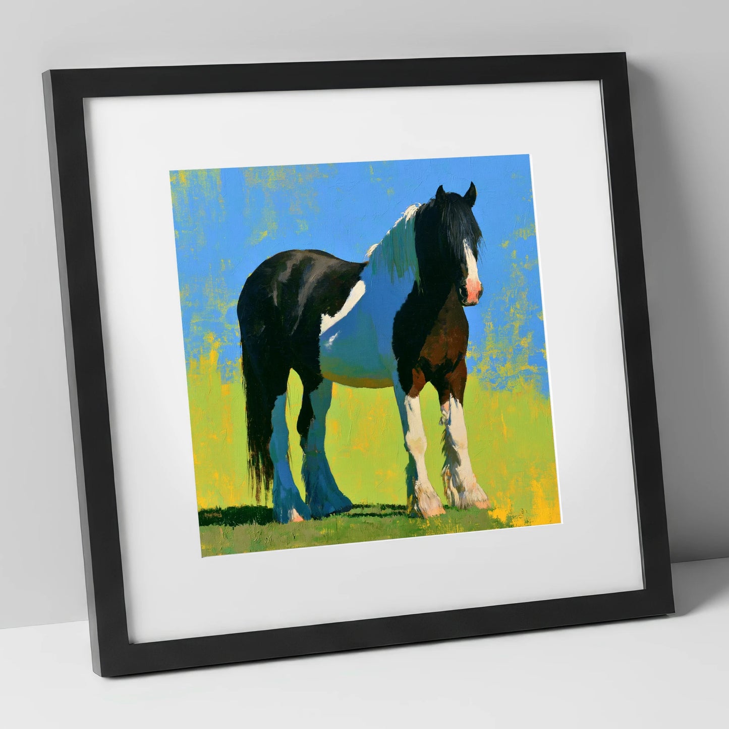 Piebald Cob in Summer Sun horse breed art print in black frame
