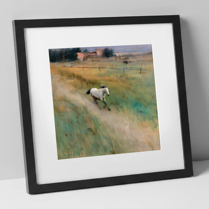 Morning Canter across the Lowlands horse landscape art print in black frame