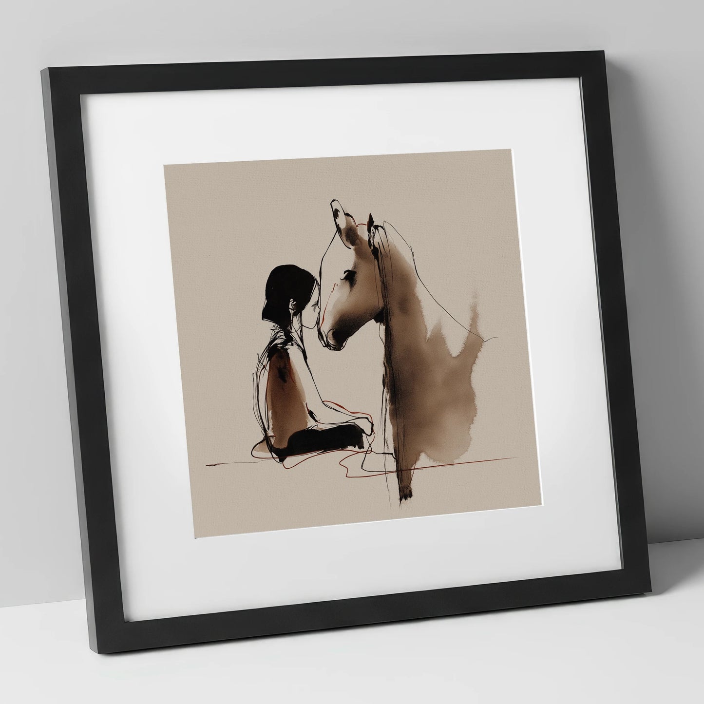 The Shared Breath horse & rider art print in black frame