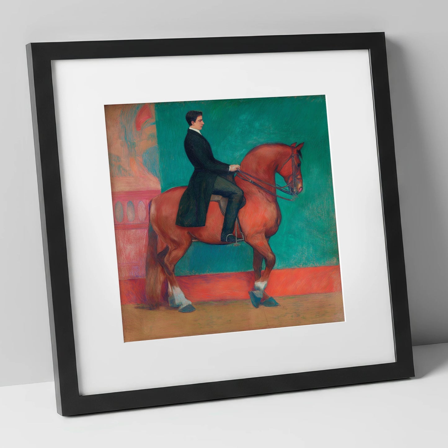 Collected Chestnut in Emerald dressage horse art print in black frame