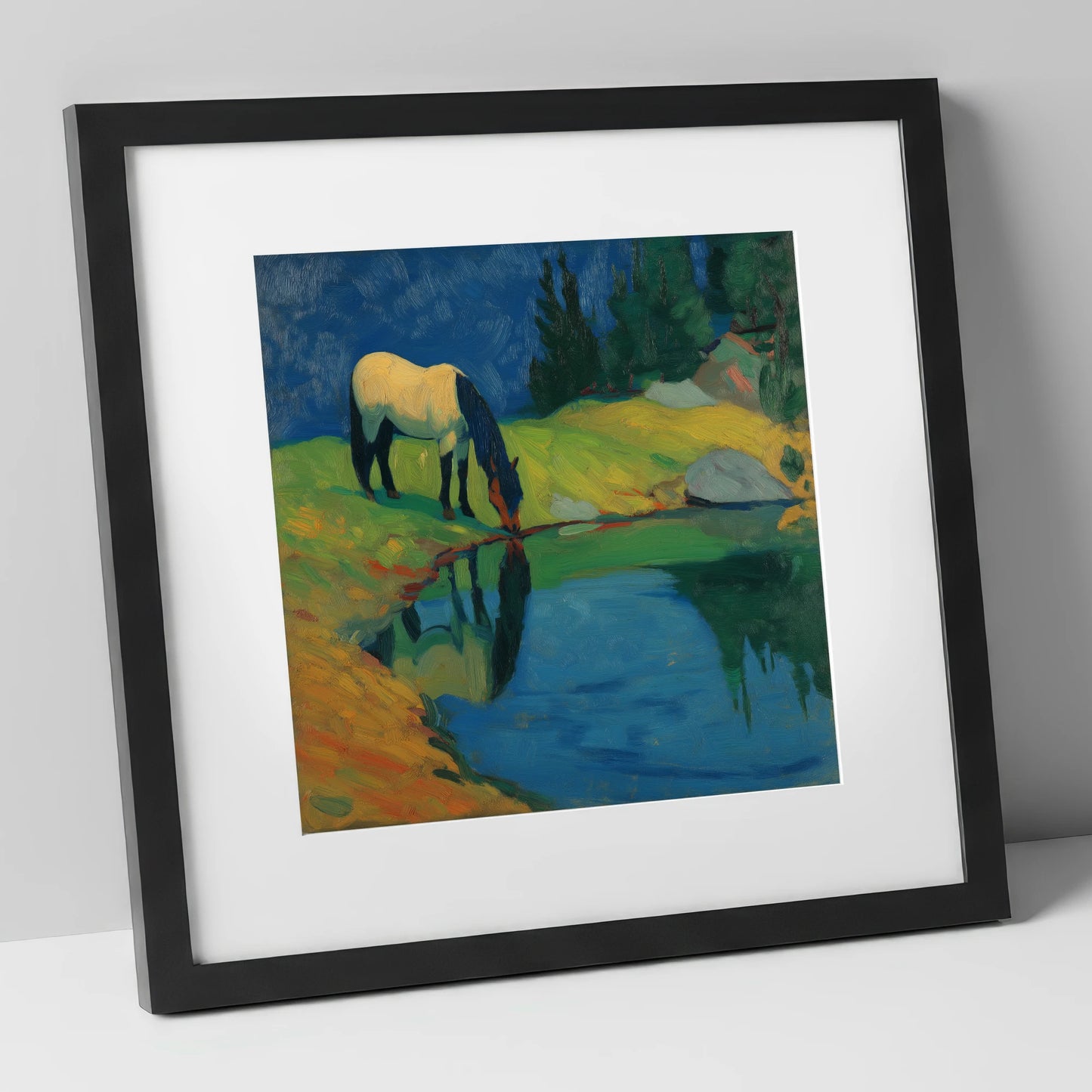 Sapphire Pool Reflections horse landscape art print in black frame
