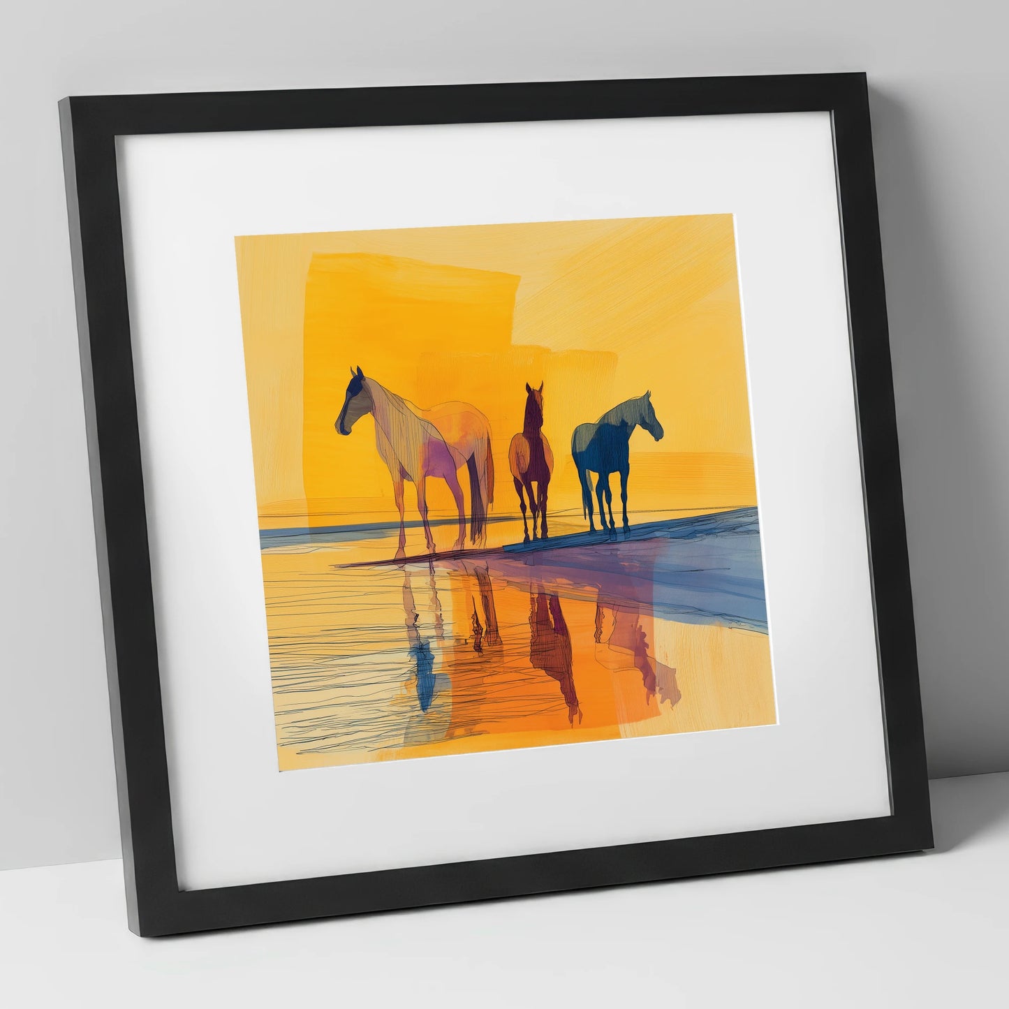 Amber Horizon Horses horse landscape art print in black frame