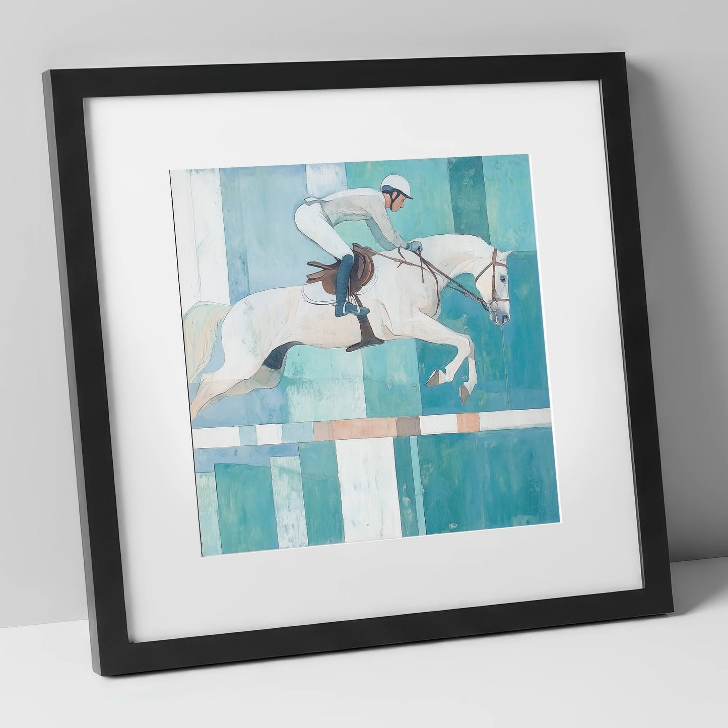 Aquamarine Ascent show jumping horse art print in black frame