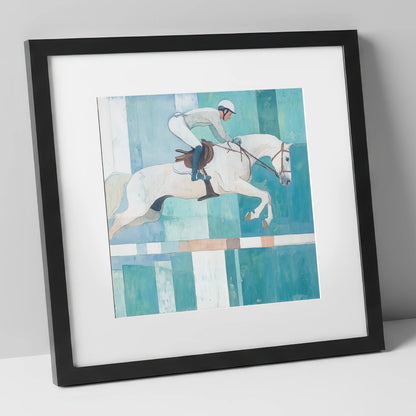 Aquamarine Ascent show jumping horse art print in black frame