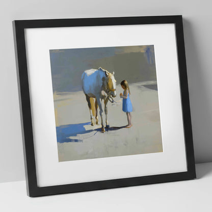 Sunlit Trust horse & rider art print in black frame