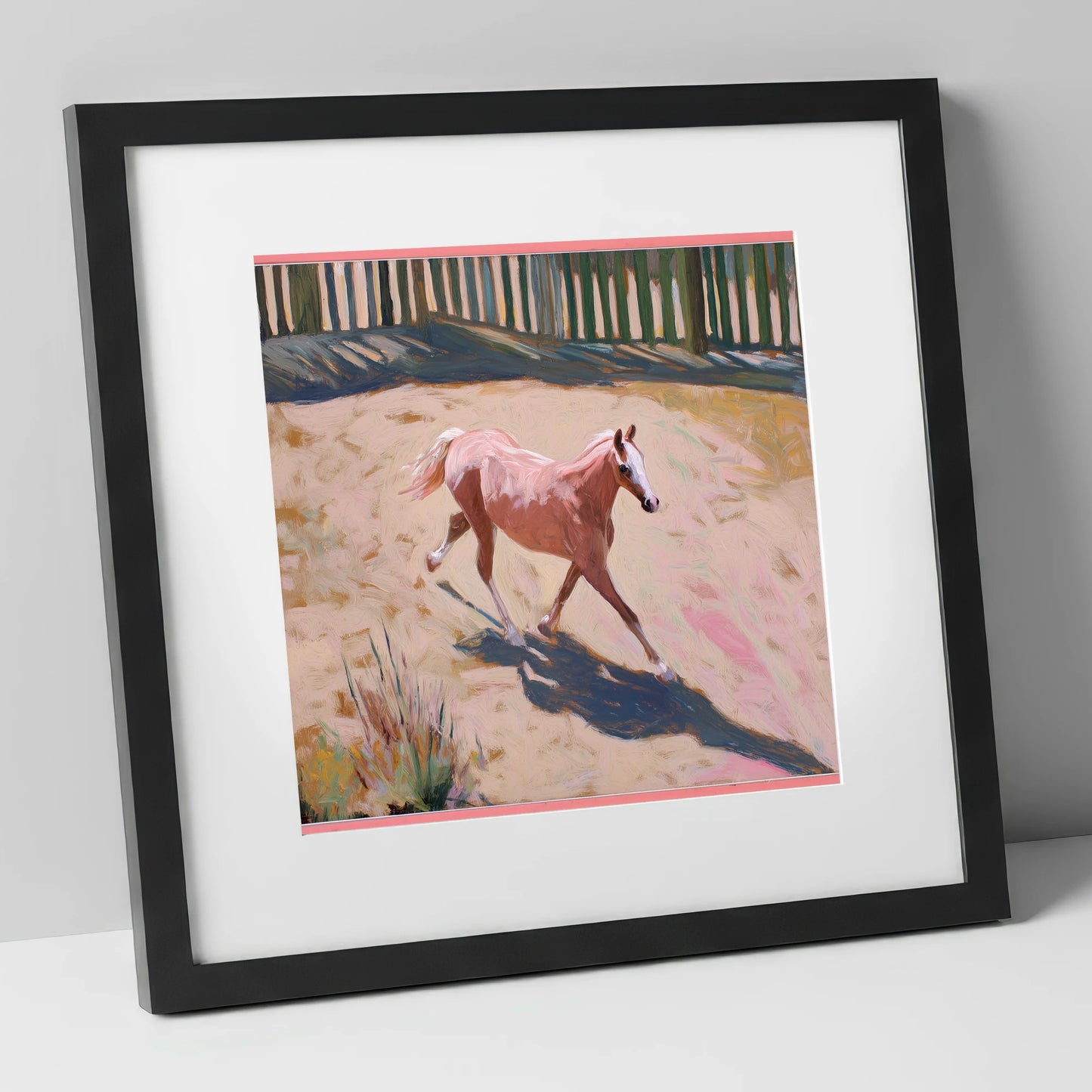 Sunlit Arena Stride horse breed art print in black frame