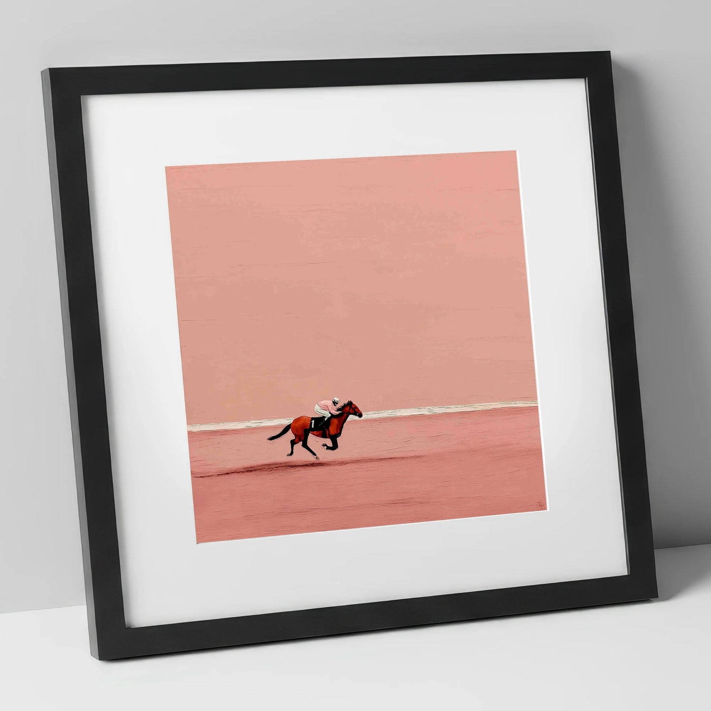 Dusty Rose Stretch racing horse art print in black frame