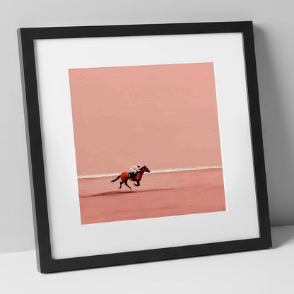 Dusty Rose Stretch racing horse art print in black frame