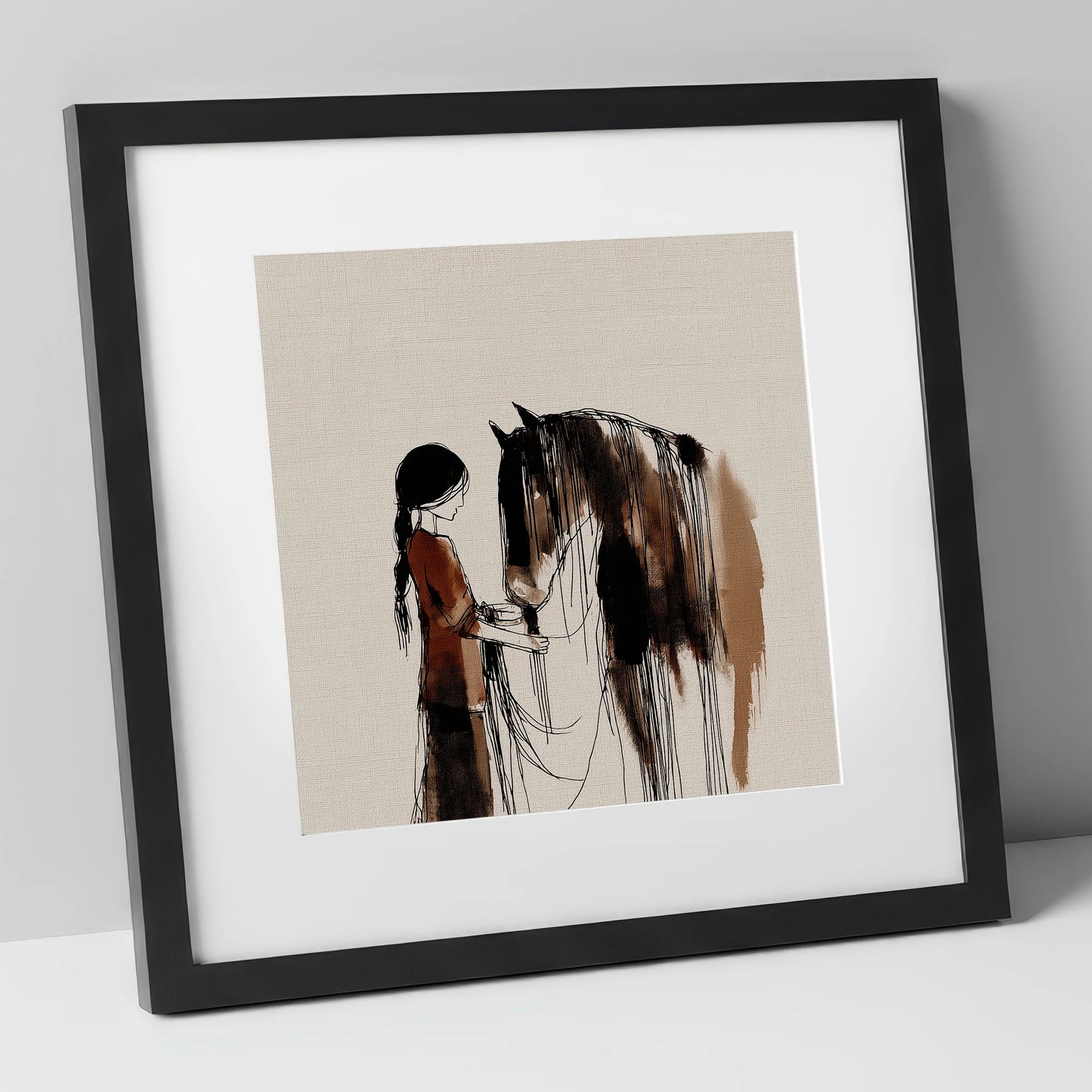 A Quiet Understanding horse & rider art print in black frame