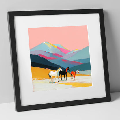 Vibrant Mountain Herd horse landscape art print in black frame