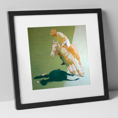 The Decisive Strike polo horse art print in black frame