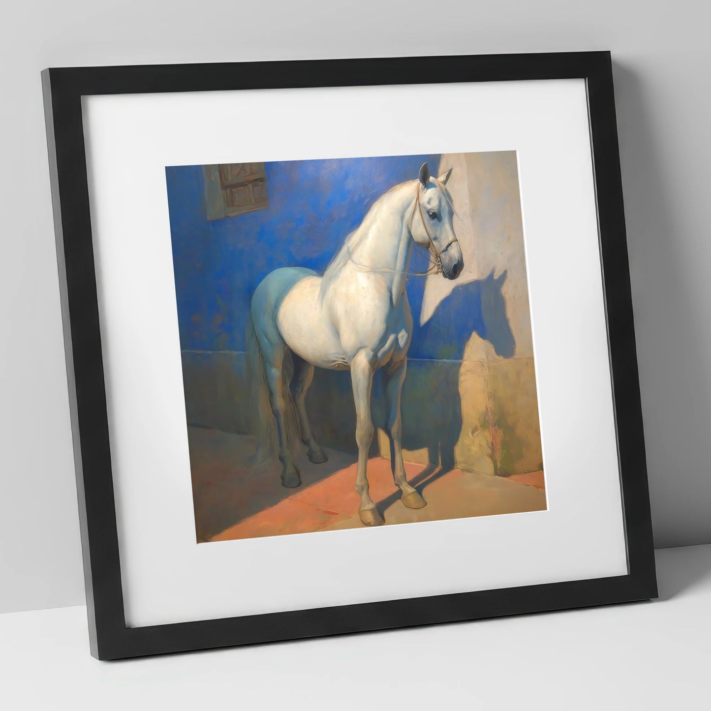 The Azure Courtyard horse breed art print in black frame