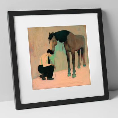 A Silent Understanding horse & rider art print in black frame