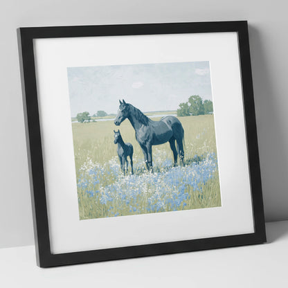 The Blue Meadow mare & foal art print in black frame