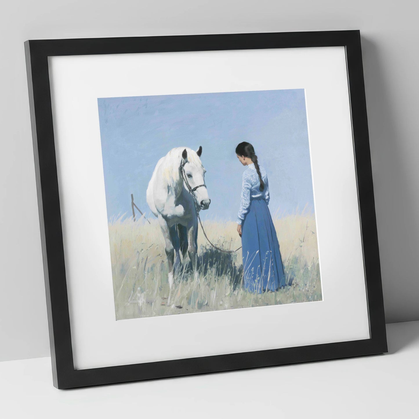The Silent Conversation horse & rider art print in black frame