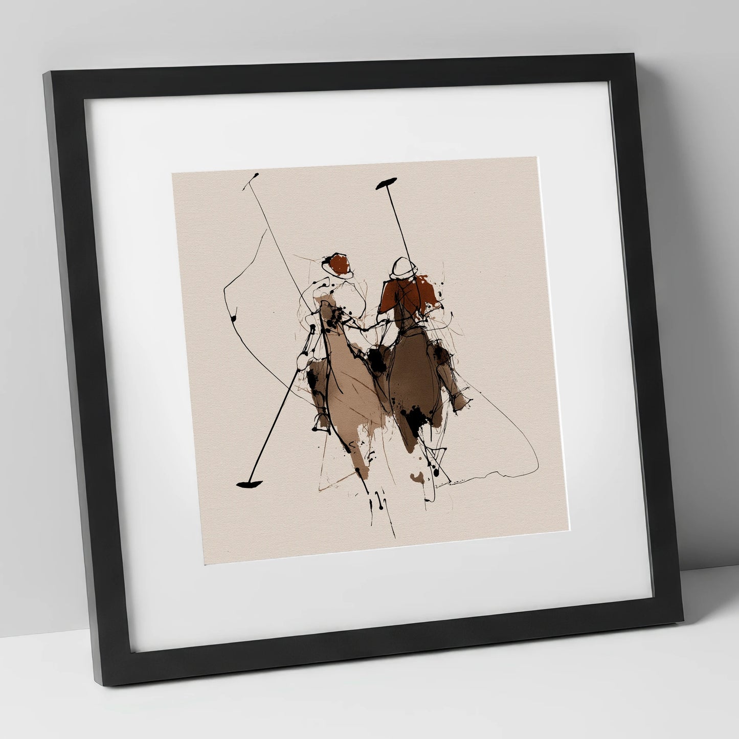 Polo Pursuit polo horse art print in black frame
