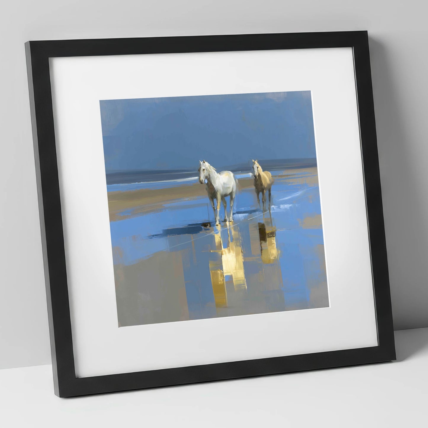 Coastal Reflections horse landscape art print in black frame