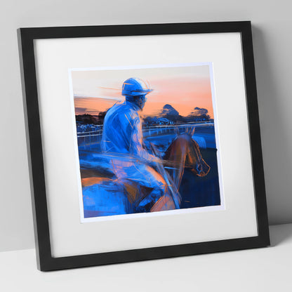 Dawn on the Gallops racing horse art print in black frame