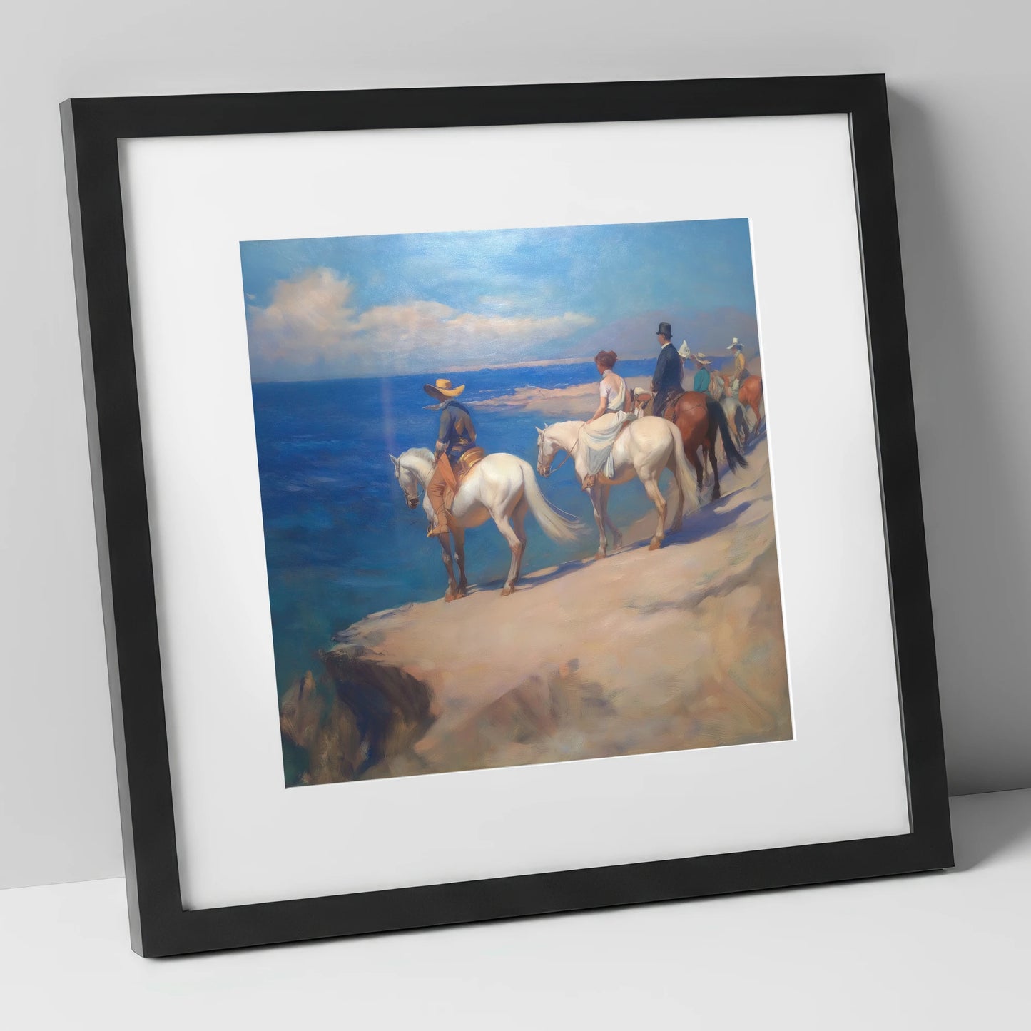 Coastal Riders Halt horse landscape art print in black frame