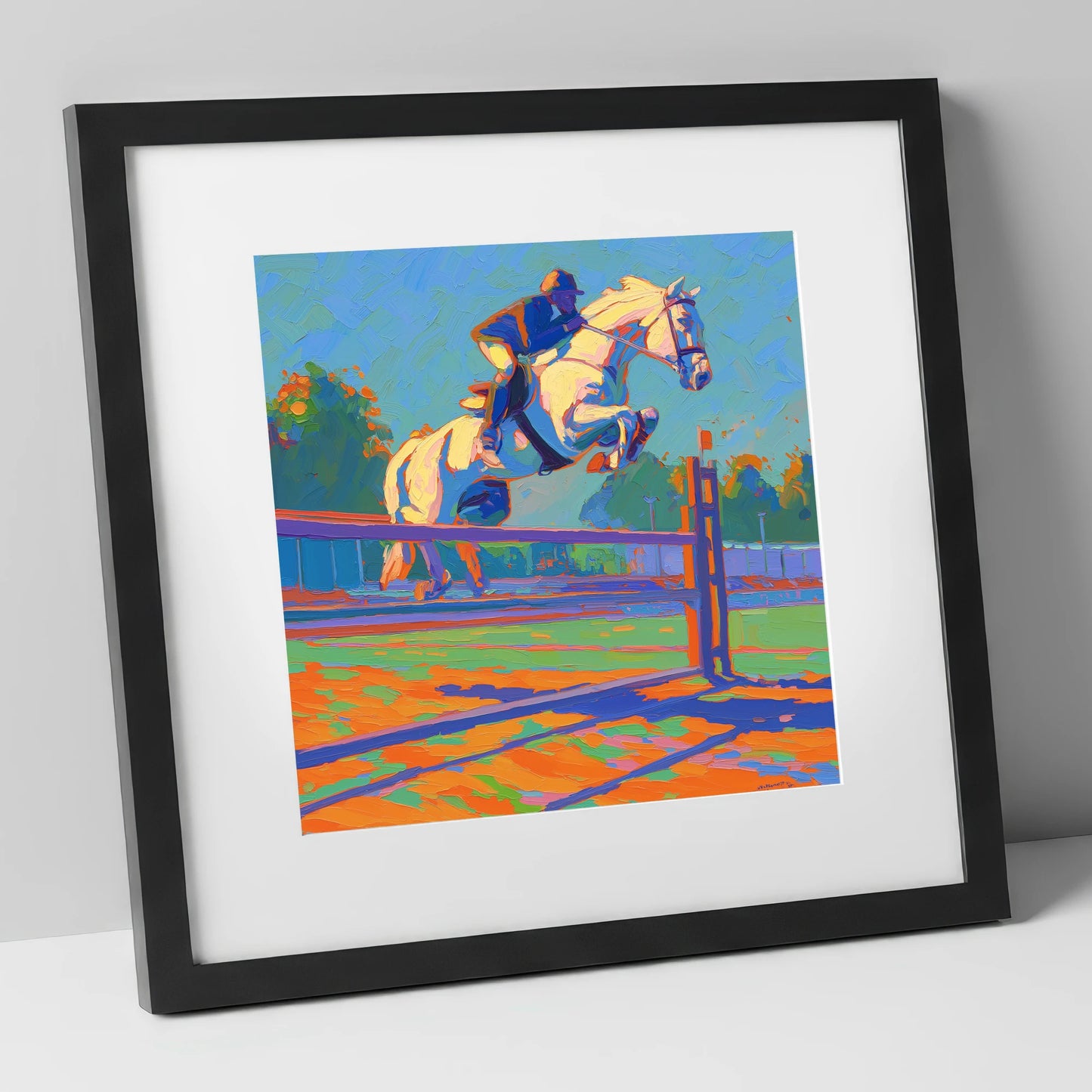 Vibrant Clearance show jumping horse art print in black frame