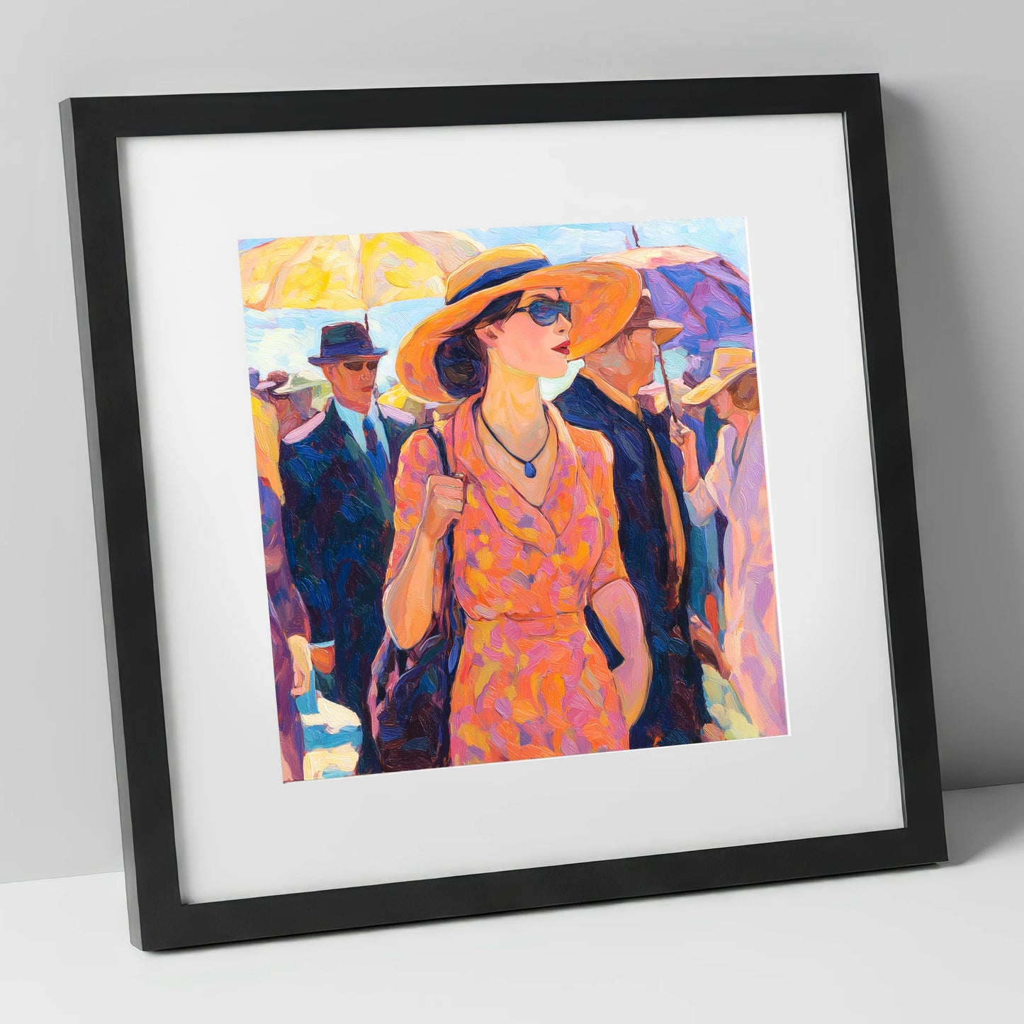 Race Day Glamour racing horse art print in black frame