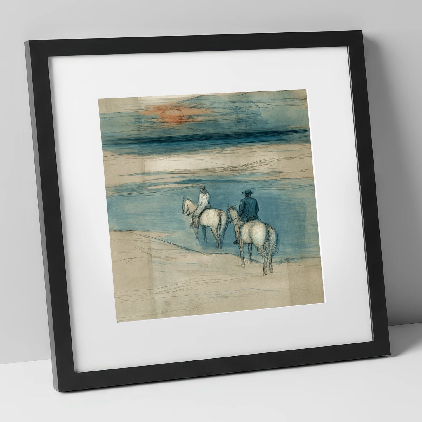 Twilight Shoreline Ride horse landscape art print in black frame
