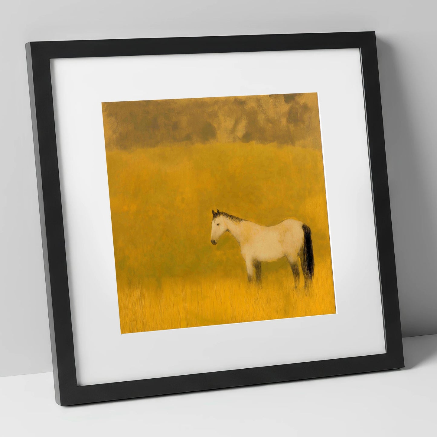 Golden Silence horse landscape art print in black frame
