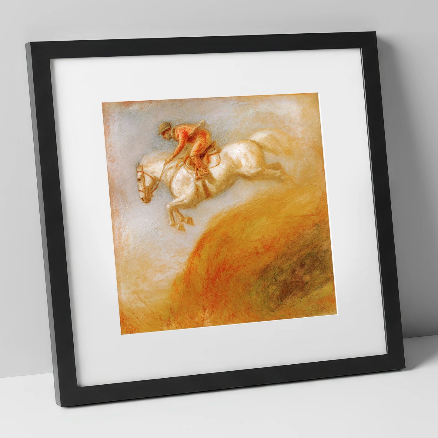 Terracotta Flight show jumping horse art print in black frame