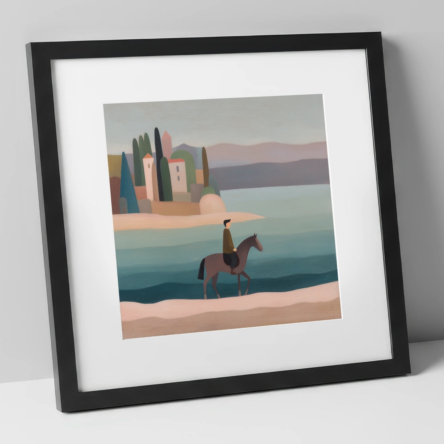 The Painted Shore beach horse art print in black frame