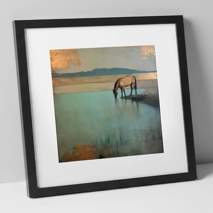 Gilded Solitude at Dusk horse landscape art print in black frame