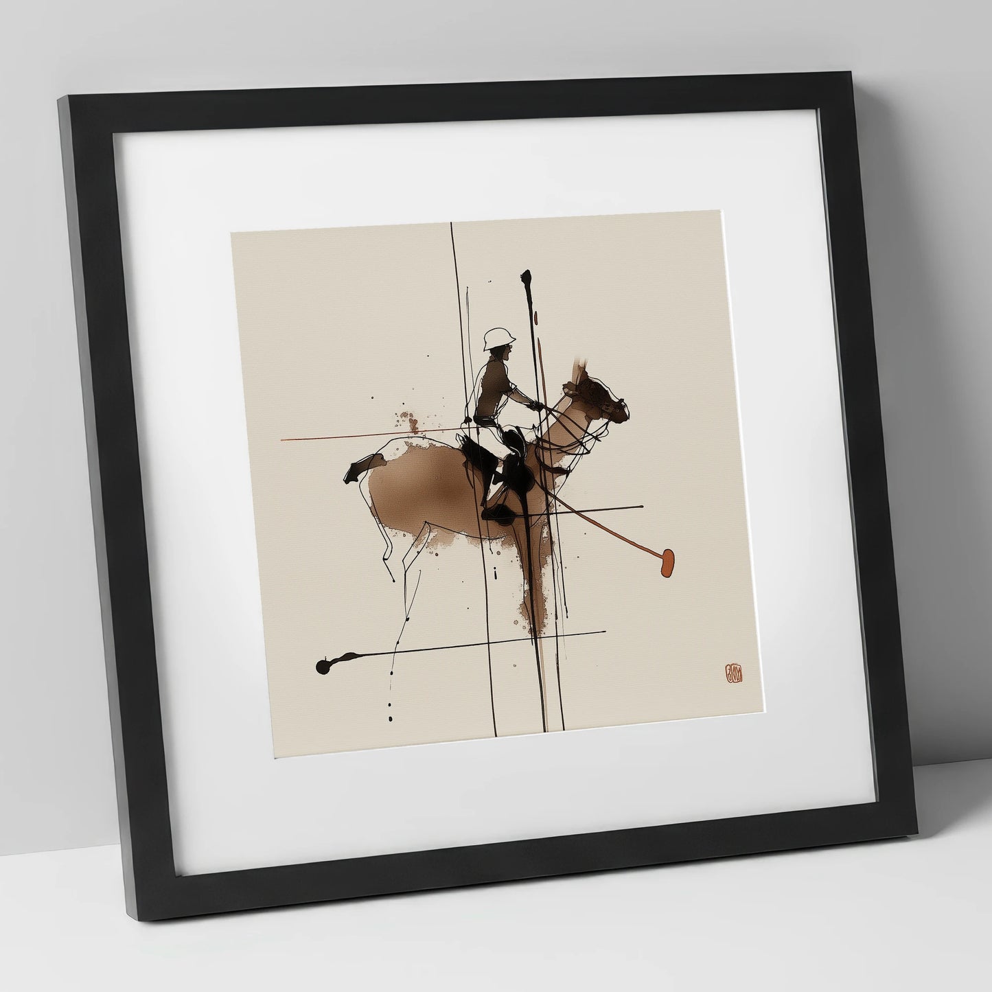 Abstract Polo Strike polo horse art print in black frame