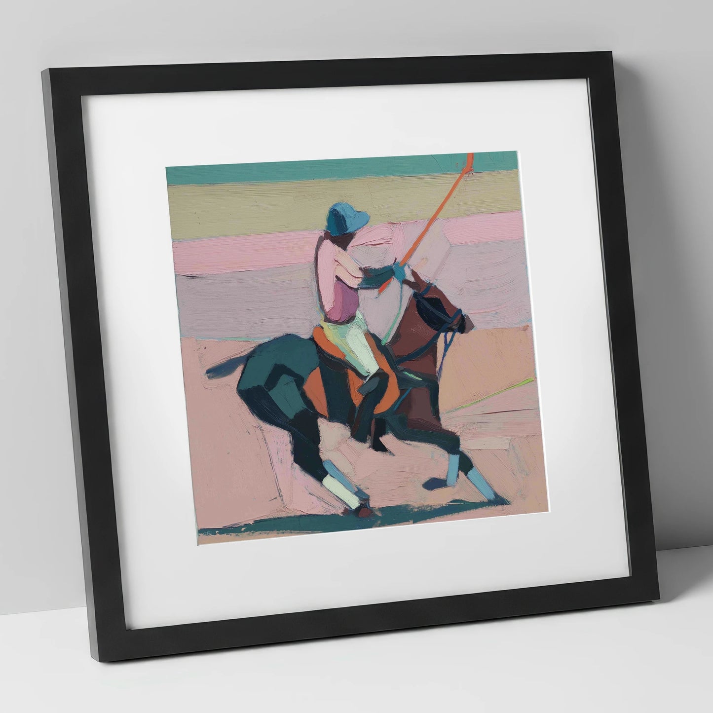 Dusty Rose Chukka polo horse art print in black frame